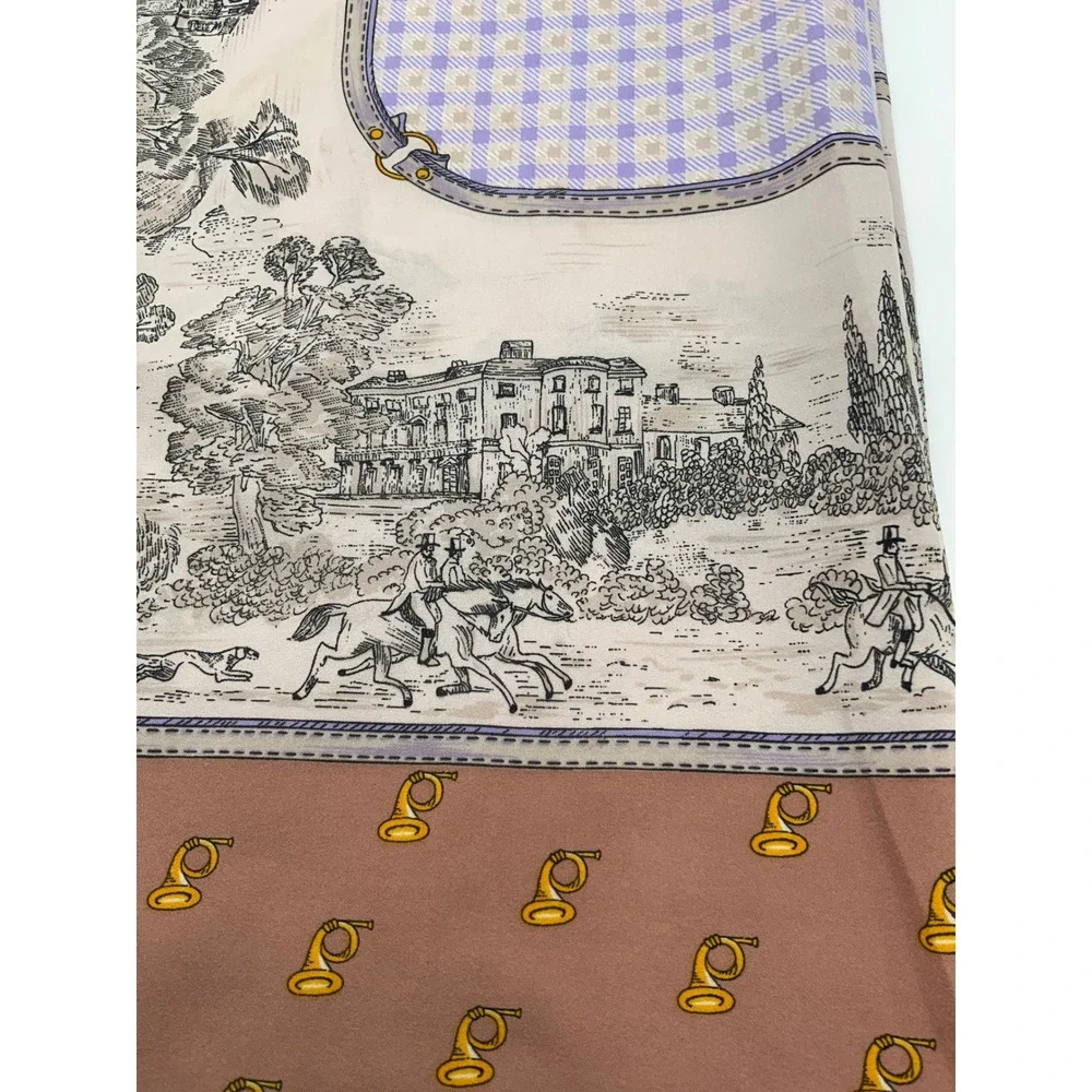 Leonardi Vintage Equestrian Toile Square Scarf Brown Lavender Manor House Horns